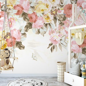 Hanging Pink Flowers Floral with Flying Butterflies Wallpaper Wall Murals Home Decor