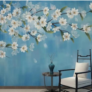 Chinoiserie Hanging Magnolia Flower Wallpaper, Flying Birds and Magnolia Flower Home Decor Wall Murals