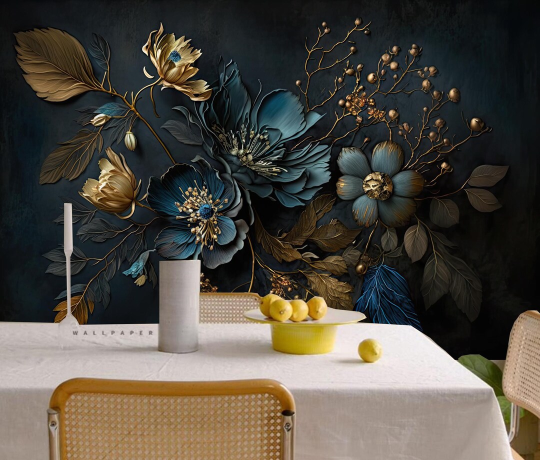 Blue Peony Floral Wallpaper Mural: Dark Background Home Decor - Etsy