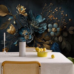 Blue Peony Floral Wallpaper Mural: Dark Background Home Decor