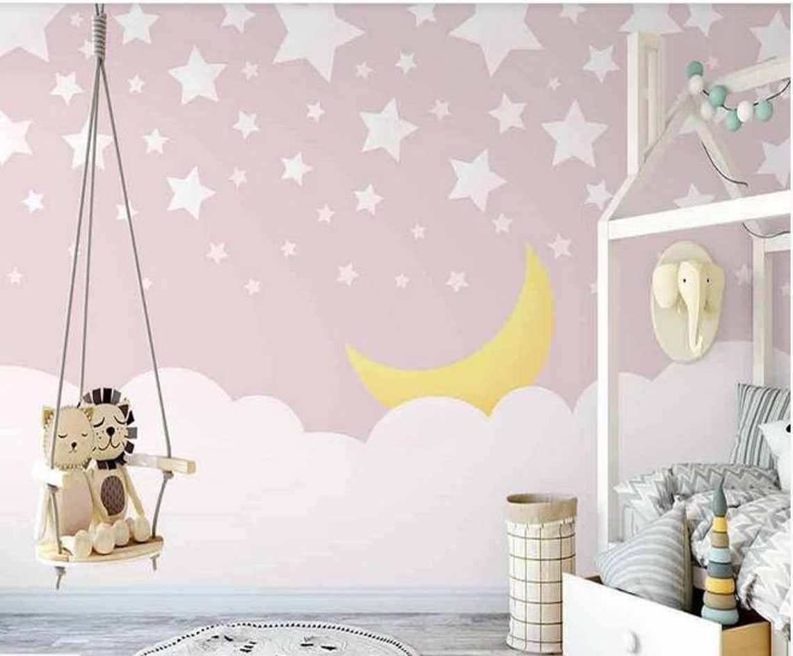 Cartoon Pink Sky Nursery Wallpaper Stars and Moon Kids Baby Etsy