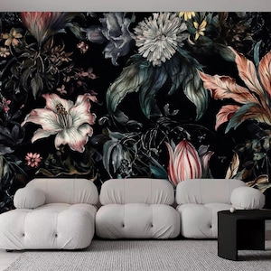 Dark Background Flowers Floral Wallpaper Wall Mural Home Decor for Living Bedroom or Dinning Room