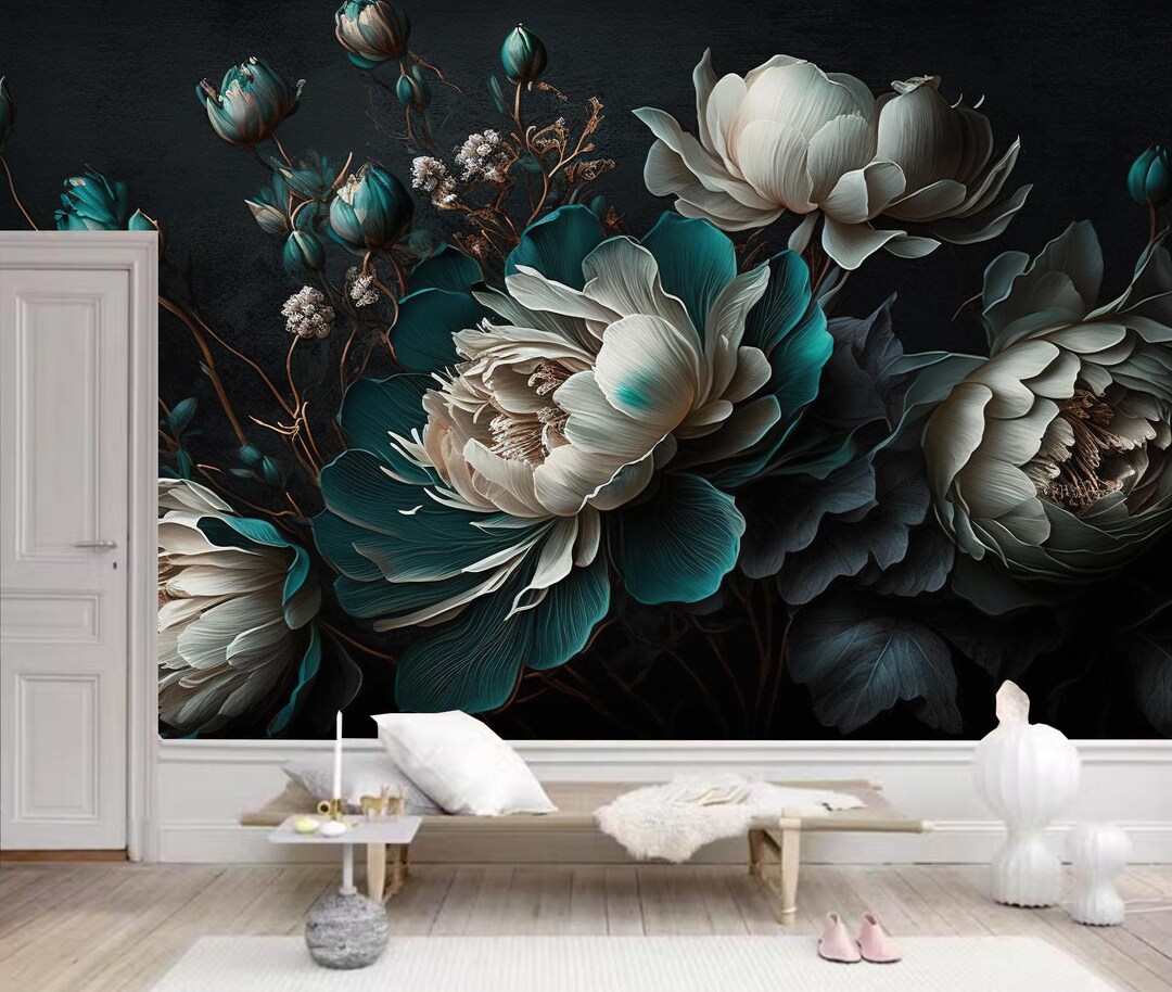 Peel and Stick Peony Floral Wallpaper Mural: Dark Green Home Decor - Etsy