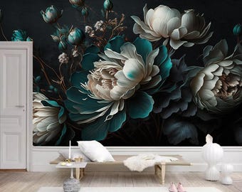 Peut inclure: Un fond sombre avec un grand bouquet de fleurs blanches et turquoise. Les fleurs sont disposées dans un vase et sont en pleine floraison. L'image est un gros plan des fleurs et ne montre pas le vase.