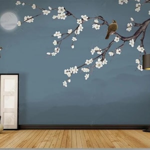 Chinoiserie Brushwork Hanging Plum Flower Tree Wallpaper, Vivid Birds and Flowers Floral Wall Murals Wall Decor
