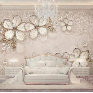 European Style 3D Diamond Flower Jewelry Floral Flowers Wallpaper Wall Mural, Luxury Silver Flowers Wall Mural Wall Decor