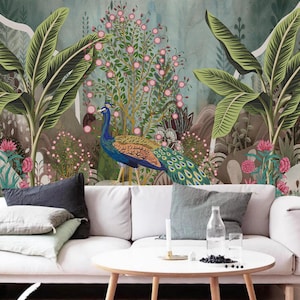 Behangmuur tropische pauw jungle: Peel and Stick-muurkunst regenwoud