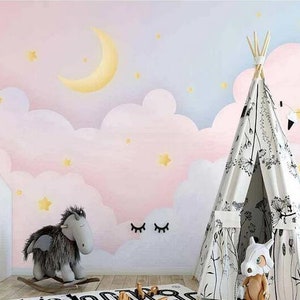 Cartoon Pink Clouds Nursery Children Wallpaper, Moon and Stars Kids Children Baby Girls Room Wall Mural image 2