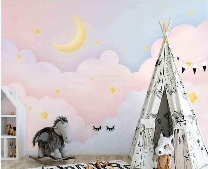 Cartoon Pink Clouds Nursery Children Wallpaper, Moon and Stars Kids Children Baby Girls Room Wall Mural image 2