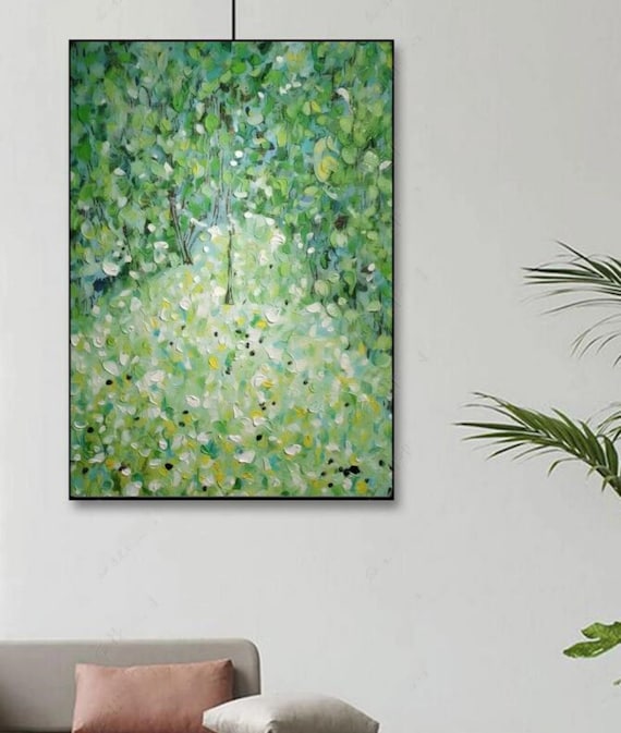100% Handmade Oil Painting, Green Flowers Petal Oil Painting
