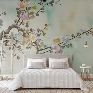 Chinoiserie Brushwork Hanging Plum Blossom Tree Wallpaper, Hand Painted Home Decor Wall Murals, Colorful Flowers Wallpaper Wall Decor