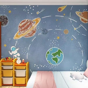 Mural de pared con dibujos de planetas y astronautas del universo para habitación de niños y bebés