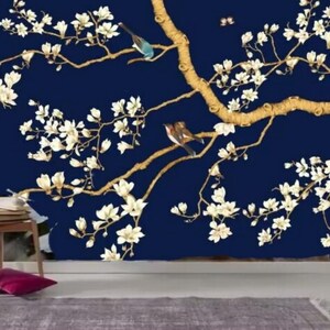 Chinoiserie Brushwork Royal Blue Background Magnolia Flower wtih Flying Birds Wallpaper Wall Mural for Living Room Dinning Room Bedroom