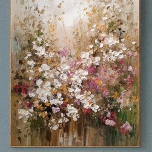 Handgemachtes cremefarbenes Blumen Ölgemälde: Abstrakte Wandkunst (ohne Rahmen)