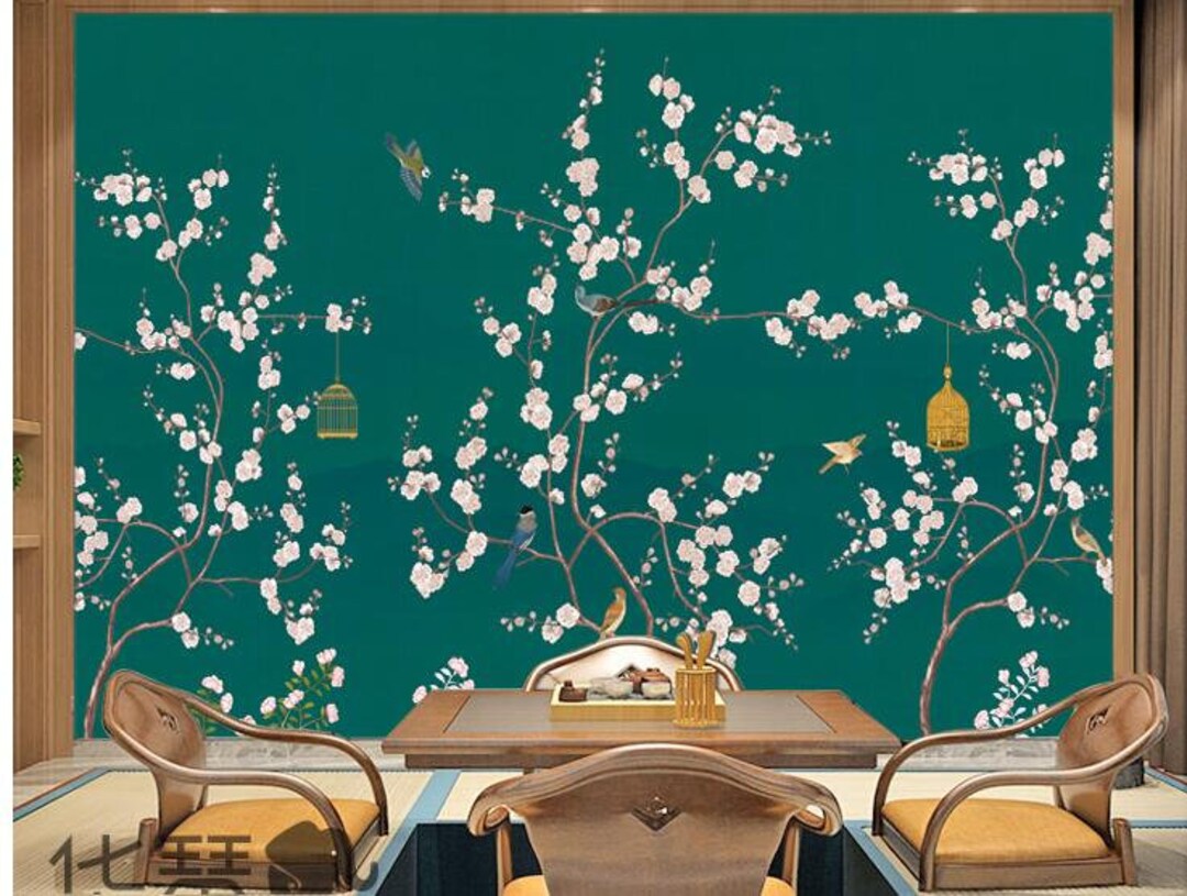 Chinoiserie Cherry Blossom Wallpaper: Green Flying Birds Wall Mural - Etsy