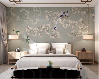 Chinoiserie Hanging Cherry Blossom Tree Wallpaper, Flying Vivid Birds Home Decor Wall Murals