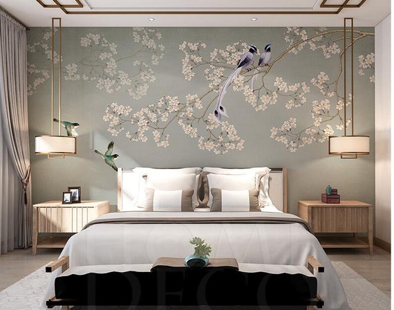 Chinoiserie Brushwork Hand Painted Hanging Cherry Tree and Birds Wallpaper Vivid Birds Floral Wallpaper Home Decor Wall Murals
