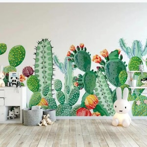 Watercolor Cactus Wall Mural: Tropical Nursery Wallpaper
