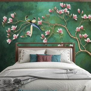 Chinoiserie Brushwork Green Background Hanging Cherry Flower Tree Wallpaper, Vivid Birds and Flowers Floral Wall Murals Wall Decor