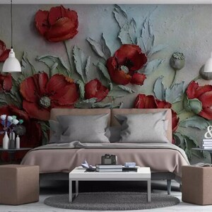 3D Embossed Floral Wallpaper, Red Poppy Flower Wall Mural Big Flowers ...