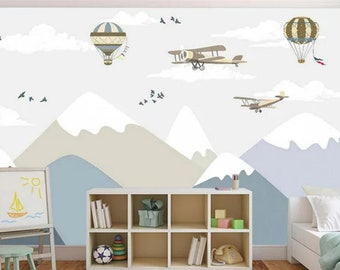 Cartoon Hot Air Balloon Mountain Nursery Wallpaper Mural - Peel and Stick