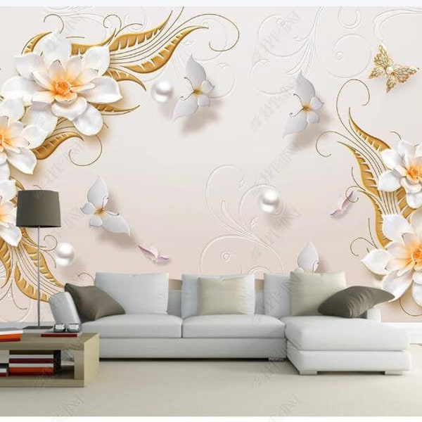 3D fleurs de lys blanc Floral avec papillon volant papier peint peintures murales salon TV canapé chambre décor à la maison