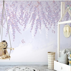 Hanging Purple Rattan Wallpaper, Tropical Purple Leaves with Flying Butterfly Wall Murals Wall Decor for Living or Dinning Room