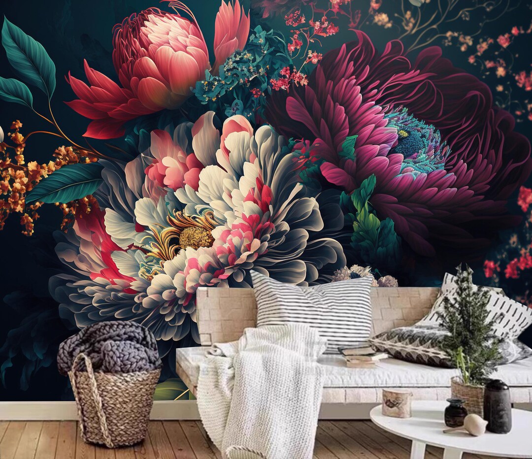 Floral Peony Wallpaper Mural: Dark Background, Peel and Stick - Etsy