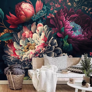 Dark Background Peony Flowers Floral Wallpaper Wall Mural Home Decor for Living Bedroom or Dinning Room