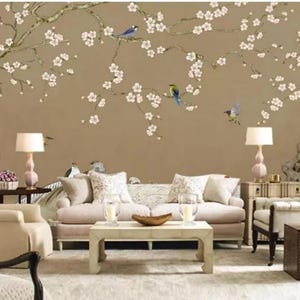 Chinoiserie Cherry Tree Wallpaper Mural: Birds & Flowers
