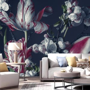 Dark Background Flowers Floral Wallpaper Wall Mural Home Decor for Living Bedroom or Dinning Room