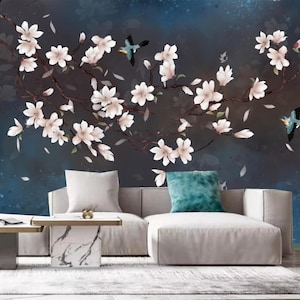 Chinoiserie Brushwork Magnolia with Flying Birds Wallpaper Wall Mural Home Decor for Living Room Bedroom Dinning Room