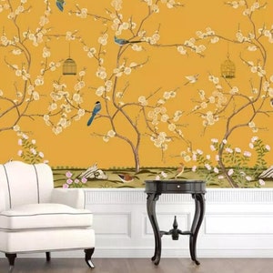 Chinese Style Yellow Background Wall Murals, Yellow Background Three Trees with Flying Birds Wall Paper, Home Office Wall Decors