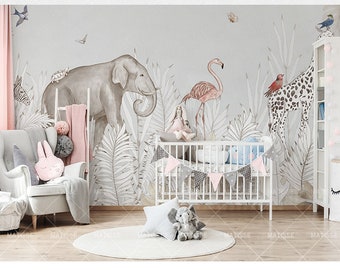 Tropical Nursery Wallpaper: Giraffe, Elephant, Flamingo (Peel and Stick)
