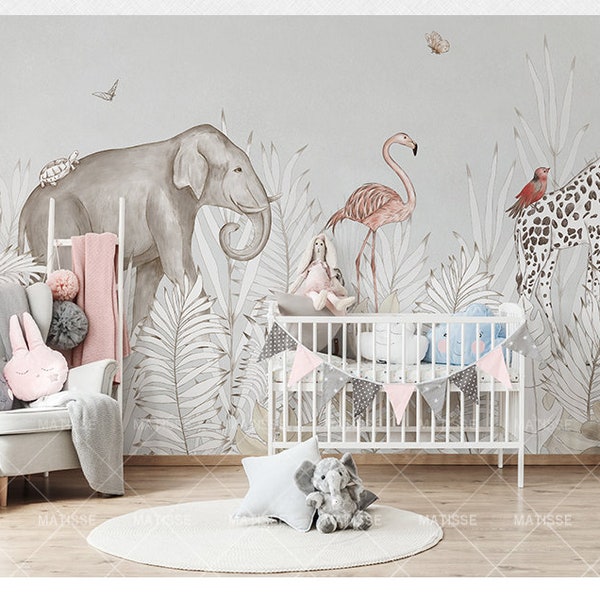 Girafe peinte à la main de bande dessinée, éléphant, papier peint de hibou, feuilles blanches tropicales et animaux de flamant rose chambre d'enfant chambre d'enfant peintures murales