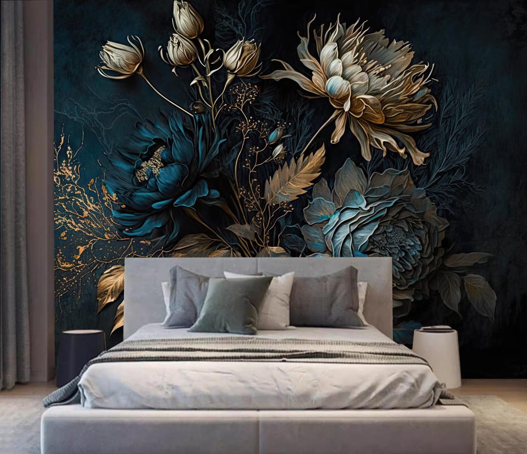 Dark Floral Peony Wallpaper Mural: Peel and Stick - Etsy