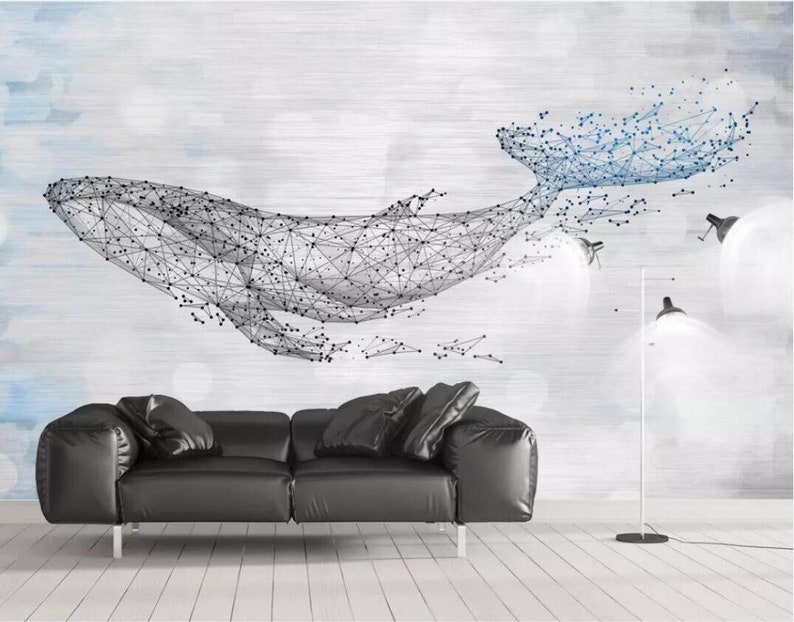 May include: A black leather sofa with a geometric whale design on the wall behind it. The whale is made of connected lines and dots, and is in shades of blue and gray.