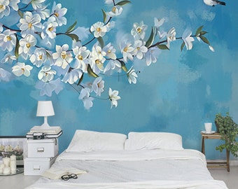 Blue Lotus Floral Wallpaper Mural - Peel and Stick Wall Art