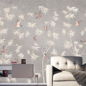 Chinese Style Handpainted White Bamboo Wallpaper, Vivid Flying Birds  Wall Mural, Living or Dinning Room Wallpaper