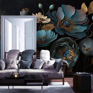 Blue Peony Floral Wallpaper Mural: Dark Home Decor