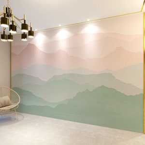 Ombre Pink and Green Mountains Nursery Kids Babies Wallpaper Wall Murals Wall Decor