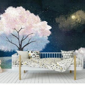 Oil Painting Night Cherry Tree Wallpaper, Flying Petals Night and Moon Baby&#39;s Room Nursery or Kid&#39;s Room Wall Decor Wall Decor