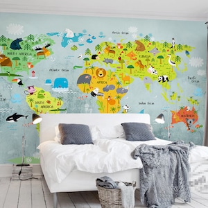 Cartoon World Map Wallpaper, Animals Cartoon Map Wall Mural, Hot-air Balloon and  Airplane Wall Art,  Kids and Nursery Bedroom Wall Paper