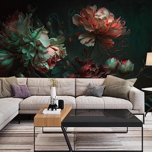 Dark Background Red Flowers Floral Wallpaper Wall Mural Home Decor for Living Bedroom or Dinning Room