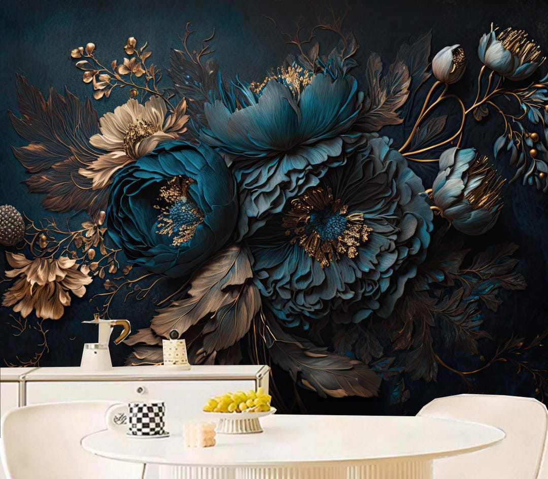 Blue Peony Floral Wallpaper Mural: Dark Home Decor - Etsy