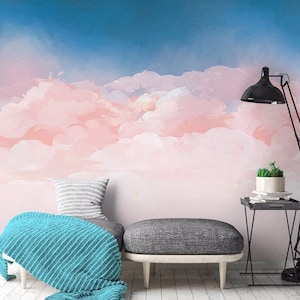 Pink and Blue Sky Nursery Wallpaper: Cartoon Clouds Wall Mural