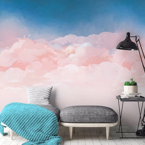 Abstract White and Blue Clouds Nursery Wallpaper Sky Blue Etsy