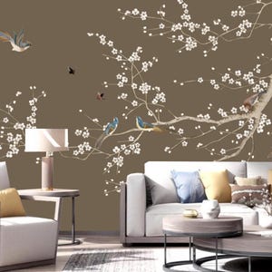 Chinoiserie Cherry Tree Wallpaper Mural: Birds & Flowers