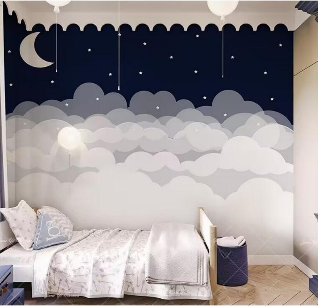 Navy Sky Cloud Stars Nursery Wallpaper Mural (peel & Stick) - Etsy
