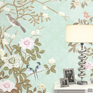 Chinoiserie Brushwork Flowers and Birds Wallpaper, Light Green Background Home Decor Wall Murals,  Birds and Flowers Floral Wallpaper